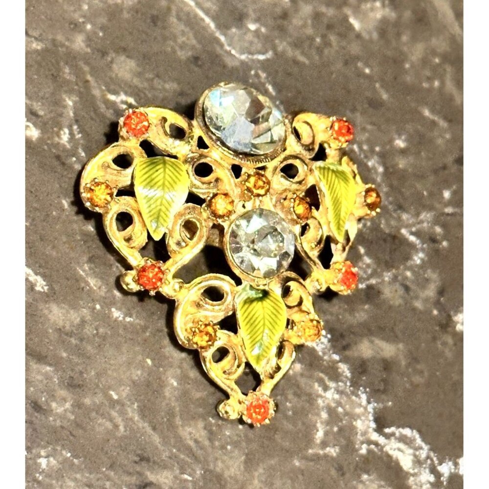 RIVOLI AB ART DECO BROOCH OR PENDANT GOLD GREEN ENAMEL AMBER RHINESTONES MCM EUC - Picture 3 of 7